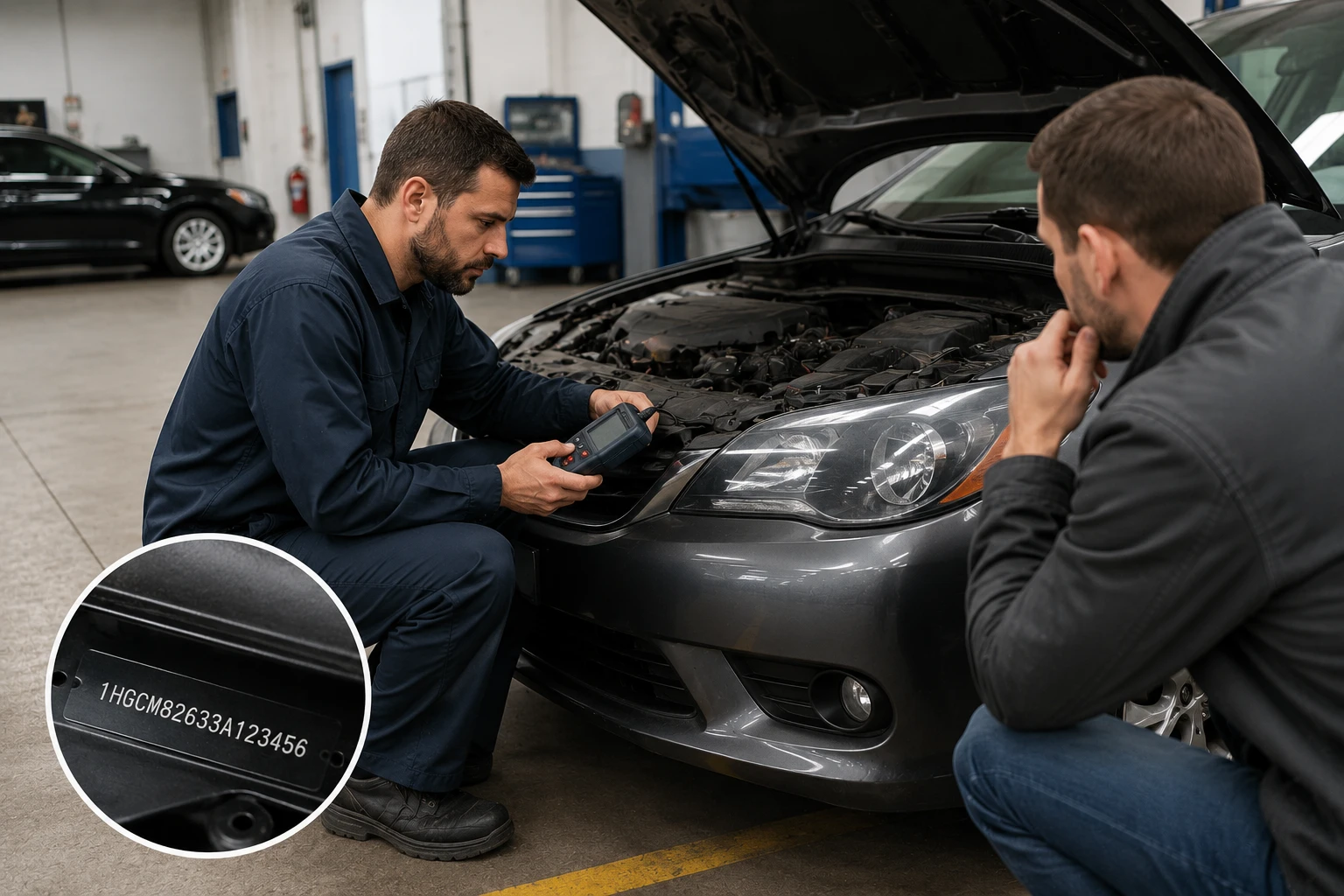 Buyer inspecting a salvage title car before purchase