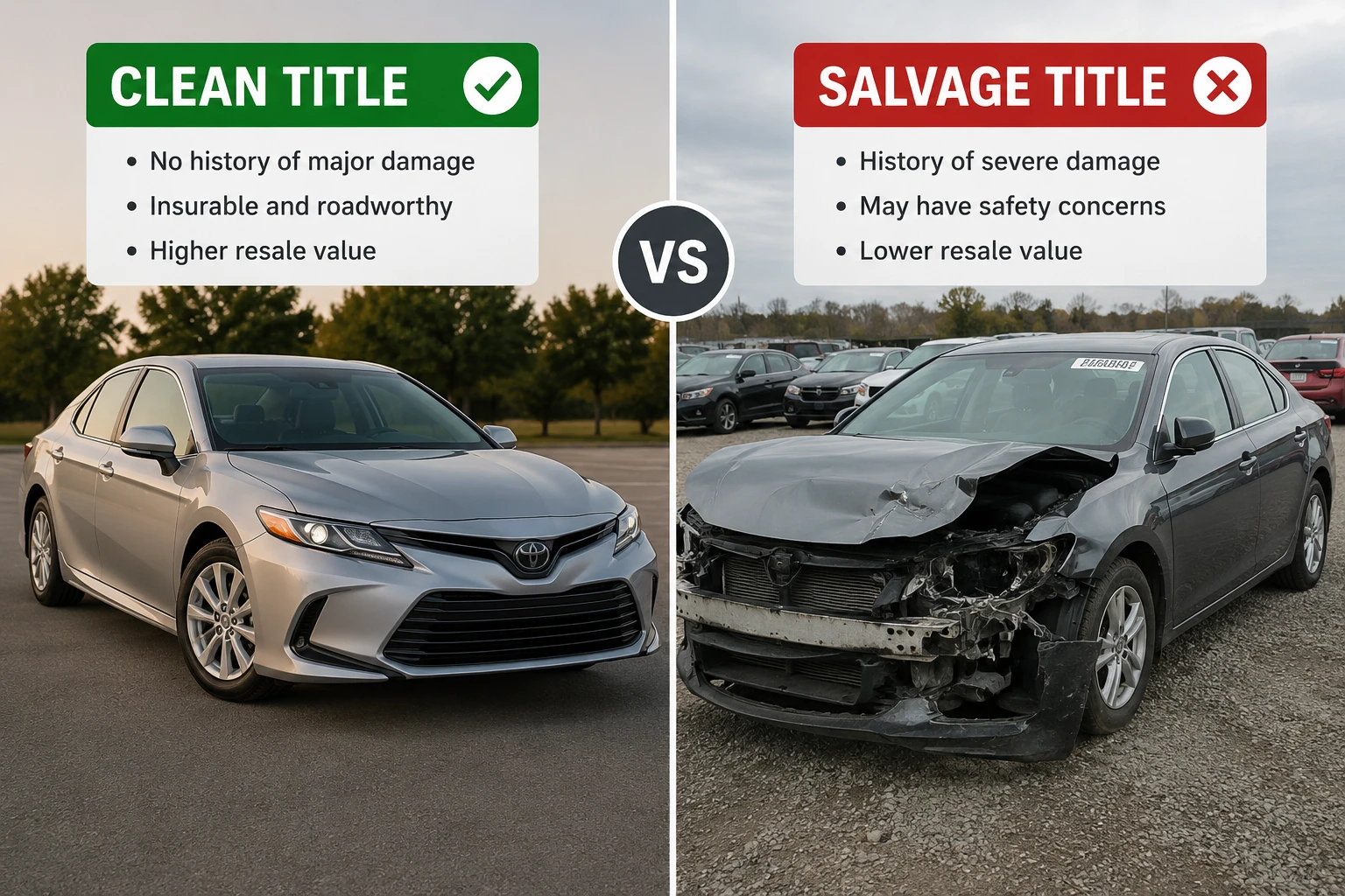 Side by side comparison of a clean title vehicle and a salvage title vehicle