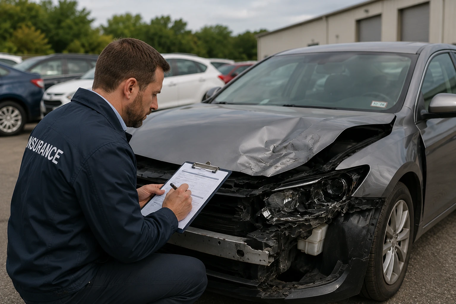 Insurance adjuster performing a total loss assessment on a damaged vehicle